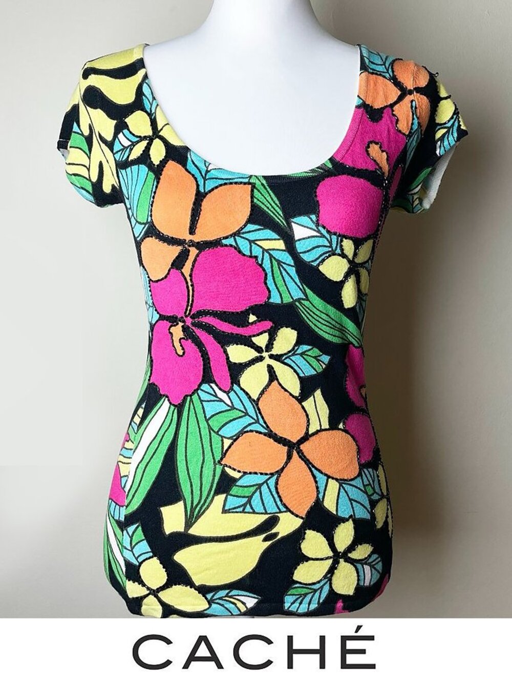 Cache | Beaded Multicolor Top Flower Print | Rare Find | Size Small